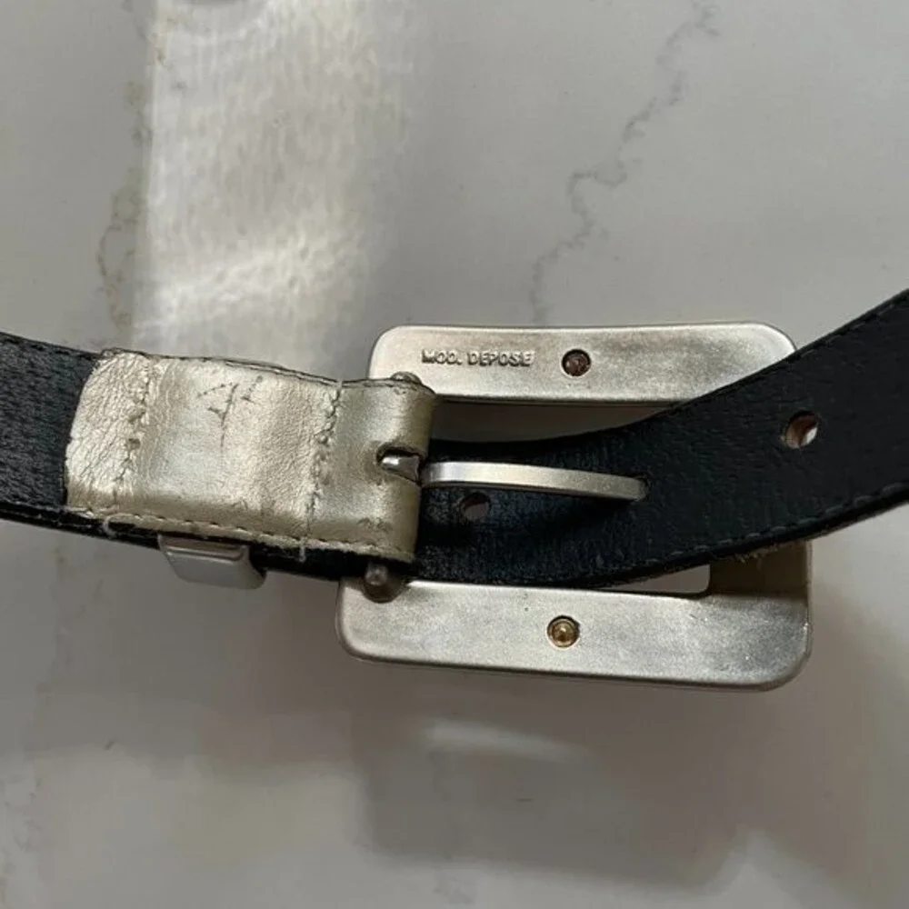 Vintage Creamy Metallic Leather Belt Mixed Metals Gold Silver Buckle - Small